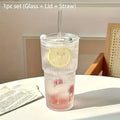 KEMORELA 600ml Stripe Glass Cup with Lid & Straw