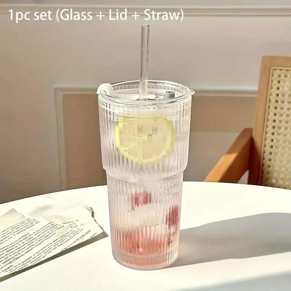 KEMORELA 600ml Stripe Glass Cup with Lid & Straw