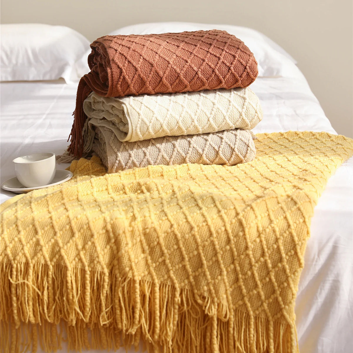 Battilo Orange Red Knitted Throw Blanket | Fall Plaid Decor