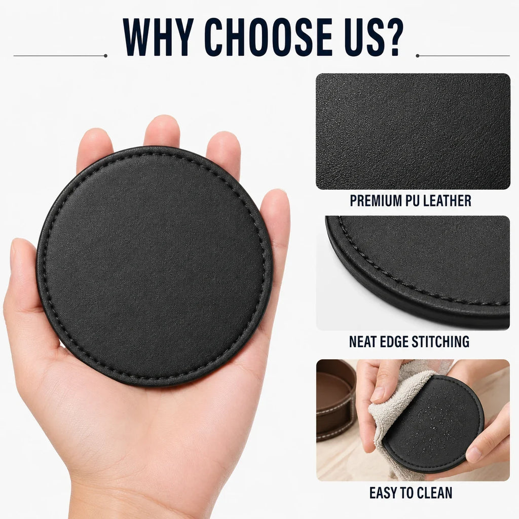 PU Leather Drink Coaster Set of 6 with Holder – Heat Resistant