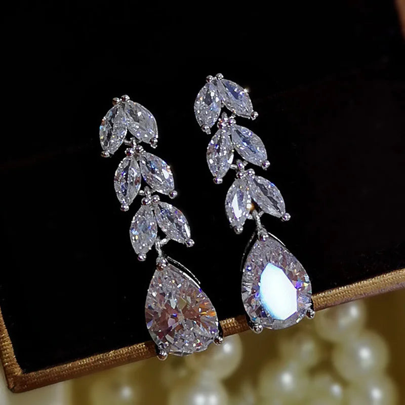 Huitan Leaf & Water Drop CZ Bridal Drop Earrings for Women