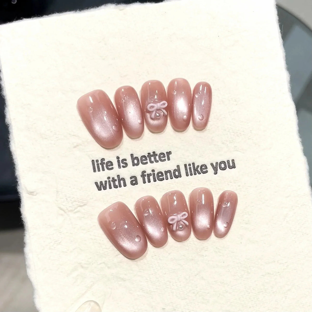 Handmade Press-On Nails | Bow Cat's Eye Blush Almond | YADORNOS
