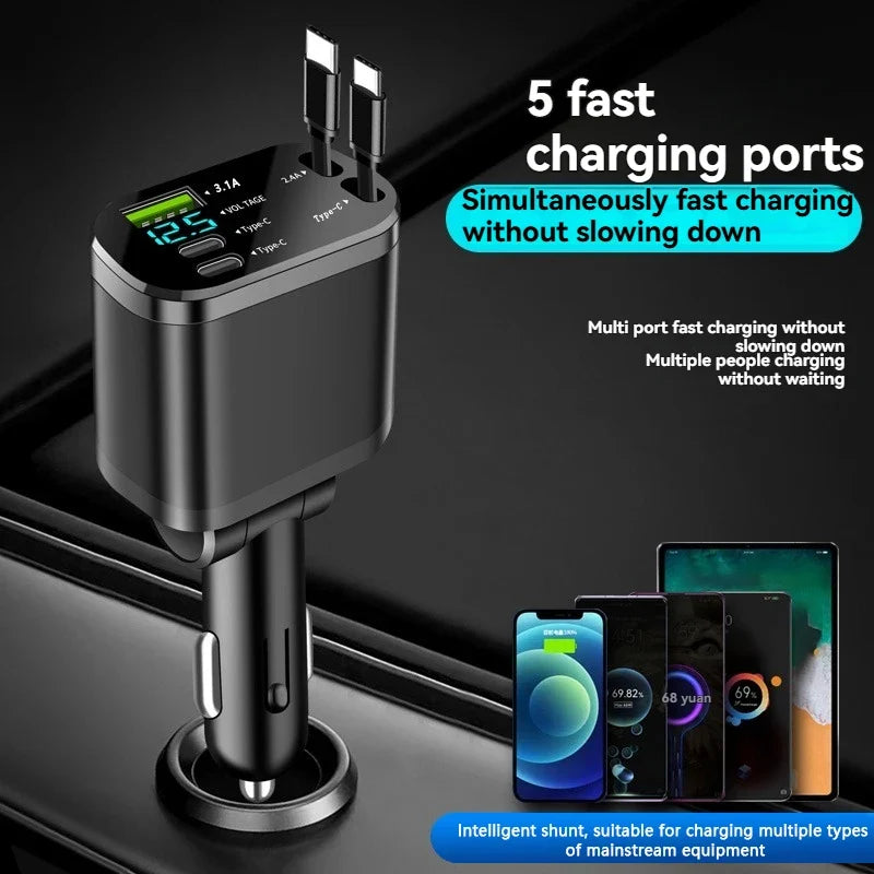 5-in-1 Retractable Car Charger USB-C PD Fast Charging Adapter