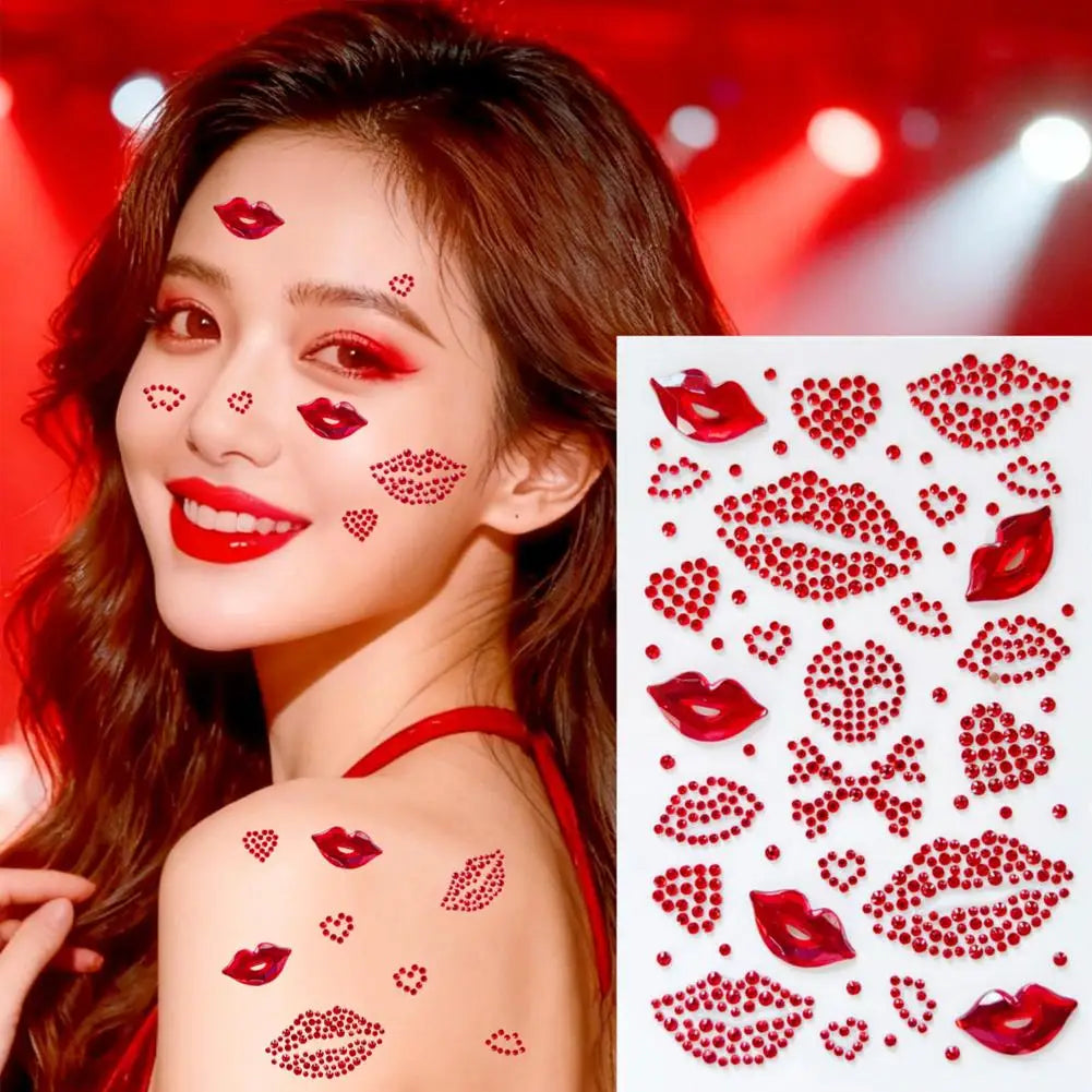 Rhinestone Heart & Lips Face Gems – Glitter Body Stickers