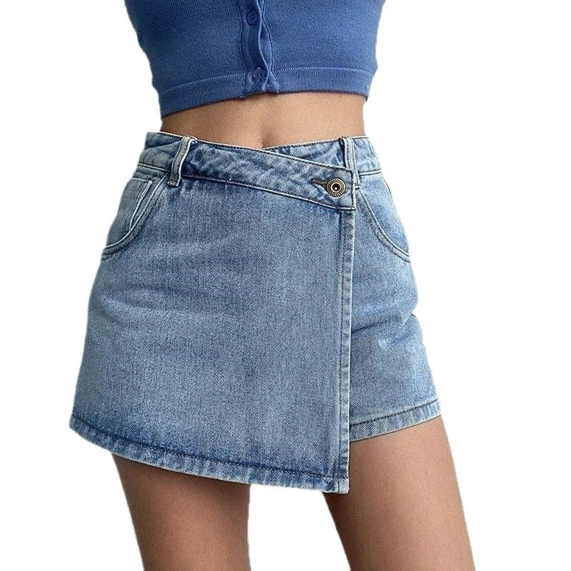 Women's High-Waist Denim Skort – Fake Two-Piece Jean Skirt