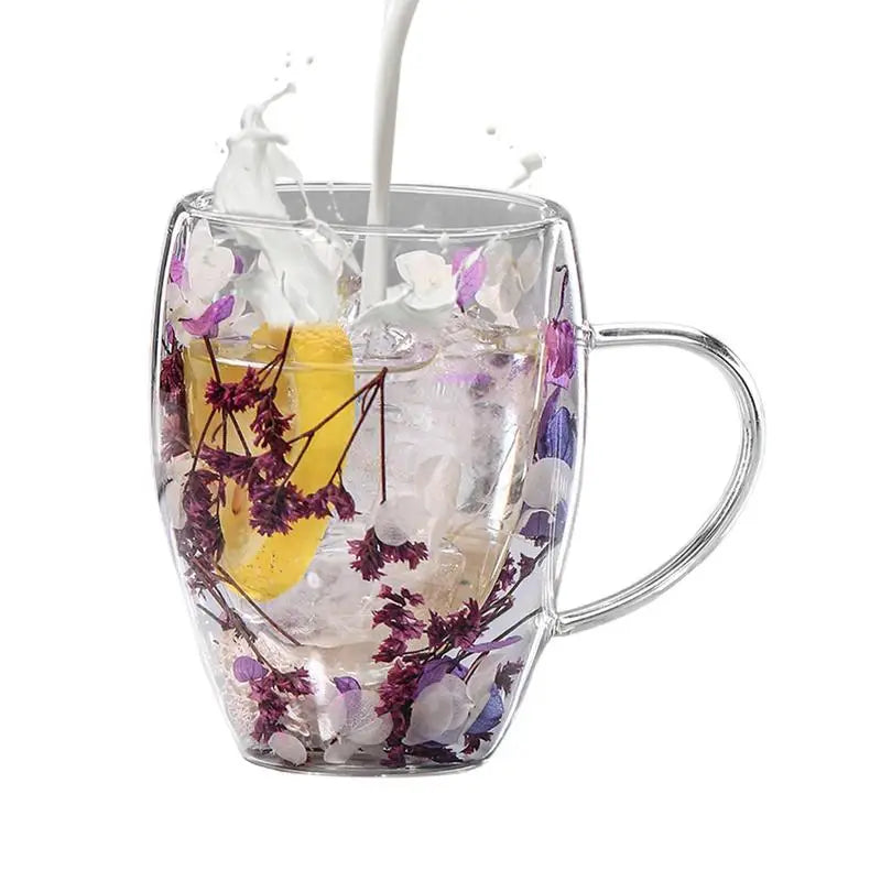 Double Wall Glass Cup Dried Flowers Anti-scalding Mug Coffee Milk