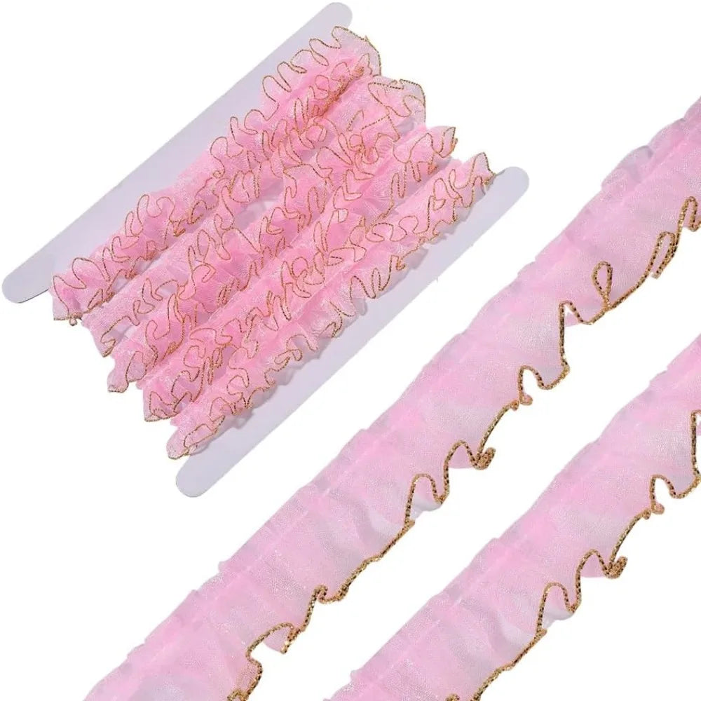 Pink Organza Pleated Ruffle Ribbon 10M | Glitter Trim 19–23mm