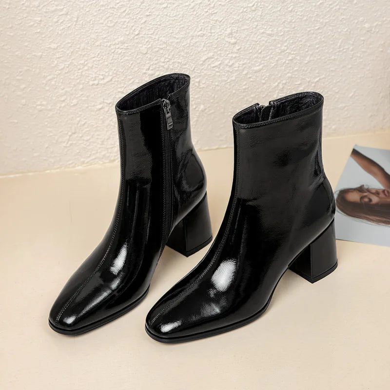 Women's White Ankle Boots – Side Zip Pointed Toe Square Heel