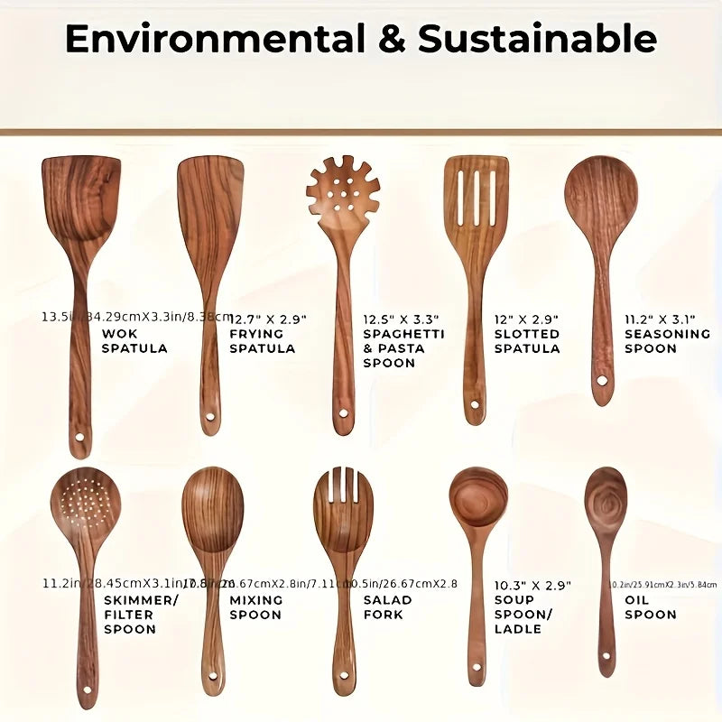 KEMORELA 10-Pc Natural Wooden Spoon & Ladle Cooking Set