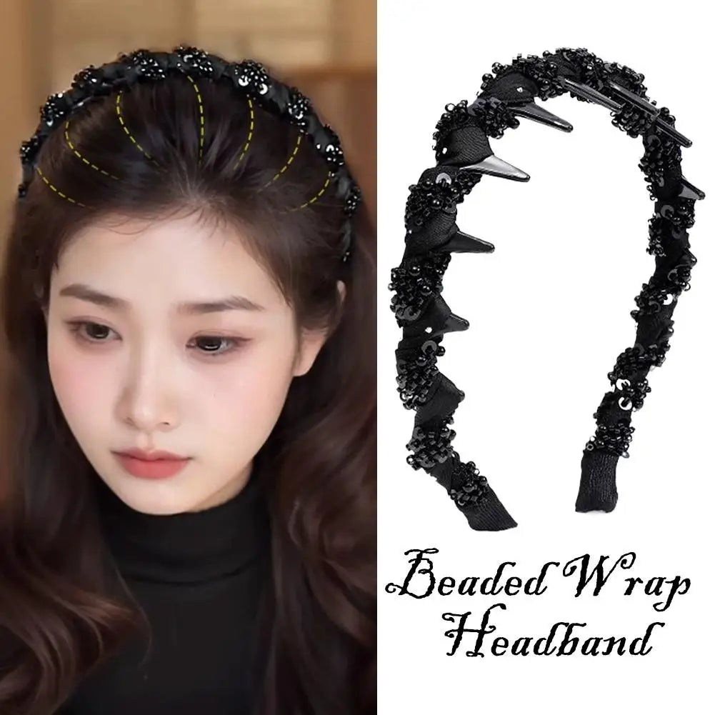 Women Beaded Wrap Headband Wash Face Toothed Non-slip Hair Hoops