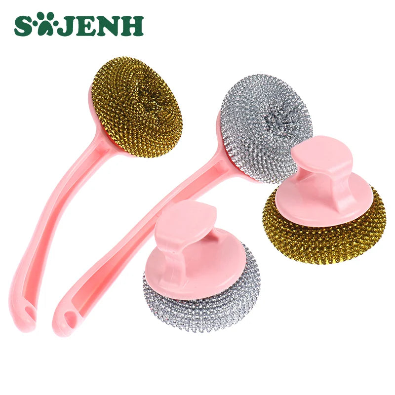Stainless Steel Wire Ball Brush Long Handle | Kitchen Scrubber