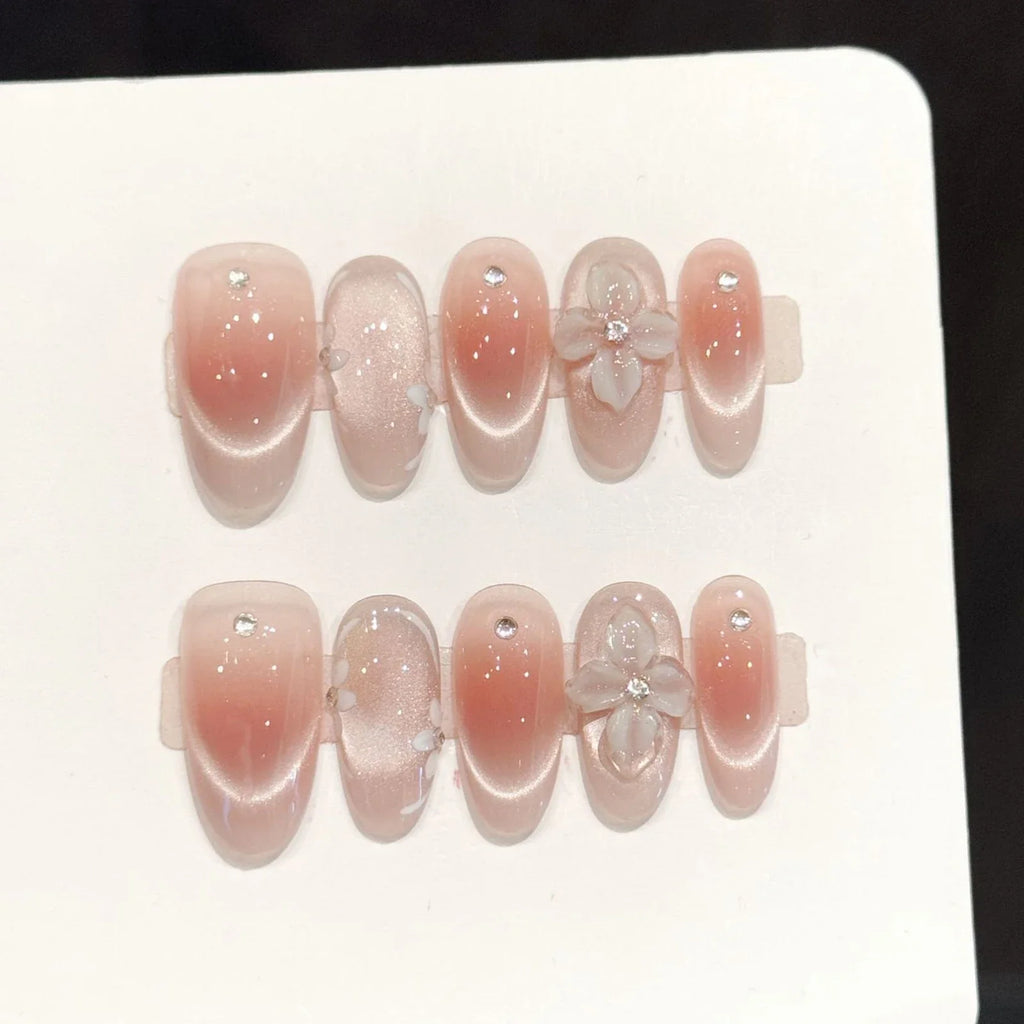Handmade Press On Nails French Cat's Eye 3D Floral Tips 10pcs