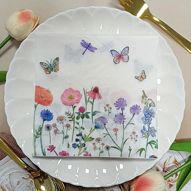 40PCS Watercolor Floral & Butterfly 3-Ply Disposable Paper Napkins