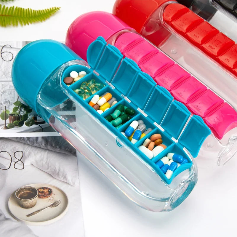 2-in-1 Sports Water Bottle & 7-Day Pill Organizer – 600ml BPA-Free