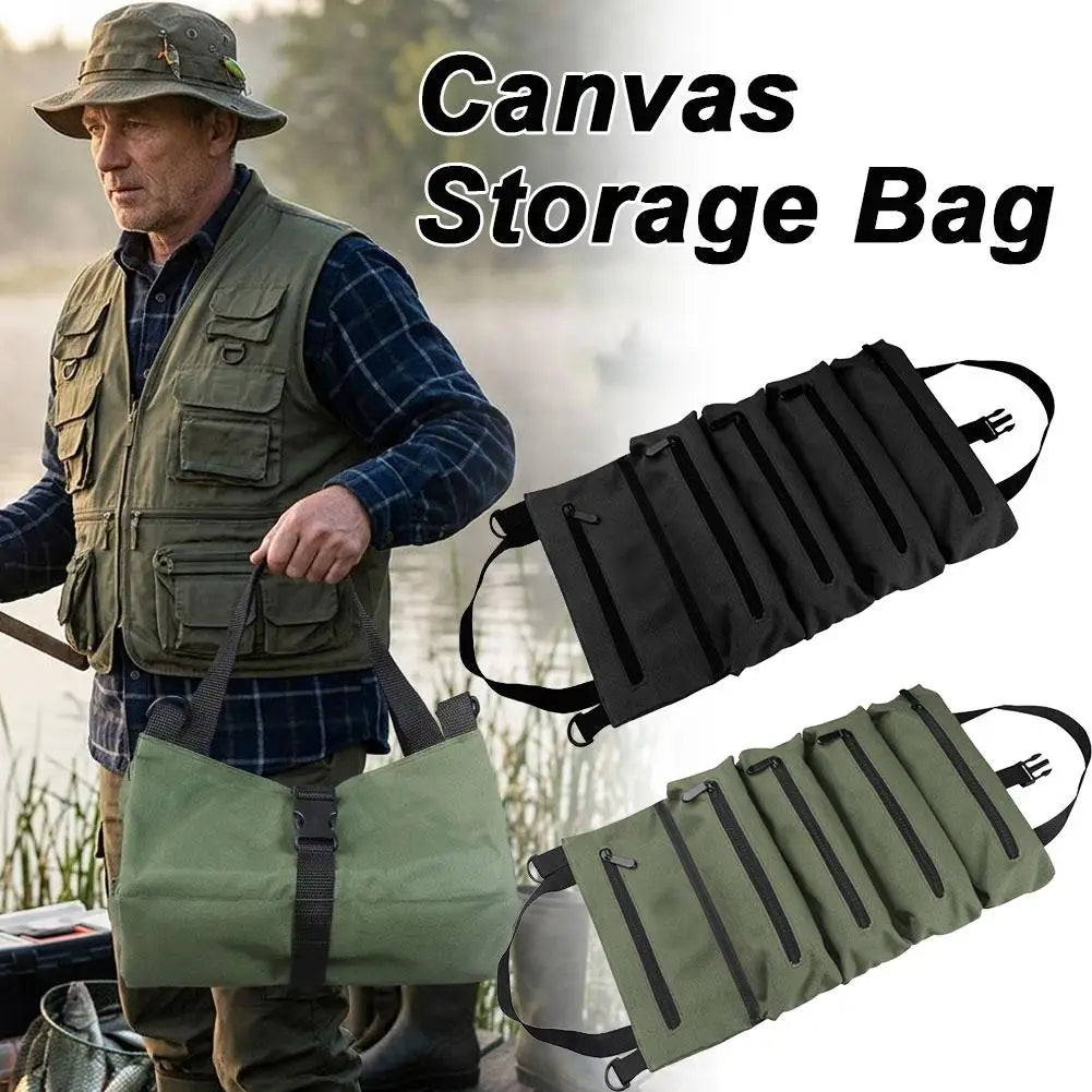 Roll-Up Canvas Fishing Tool Bag – 6 Zip Pockets Organizer