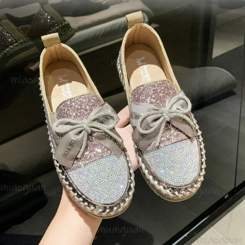 Women's Rhinestone Crystal Bowknot Loafers – Glam Flat Shoes