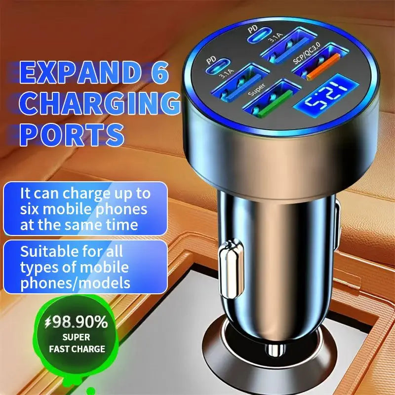 100W 6-Port USB-C Car Charger | PD & QC 3.0 Fast Charging