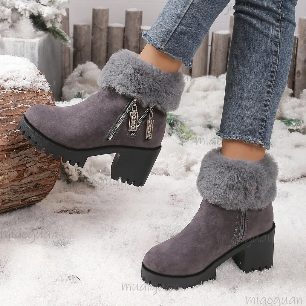 Women's Fluffy Ankle Boots – Furry High Heel Winter Snow Boots