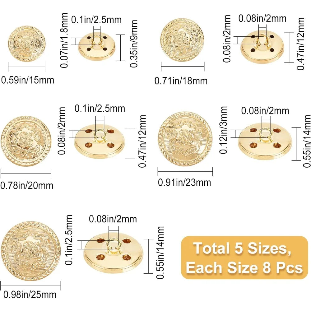 40 Pcs Gold Brass Blazer Buttons – 5 Sizes Vintage Crown Shank
