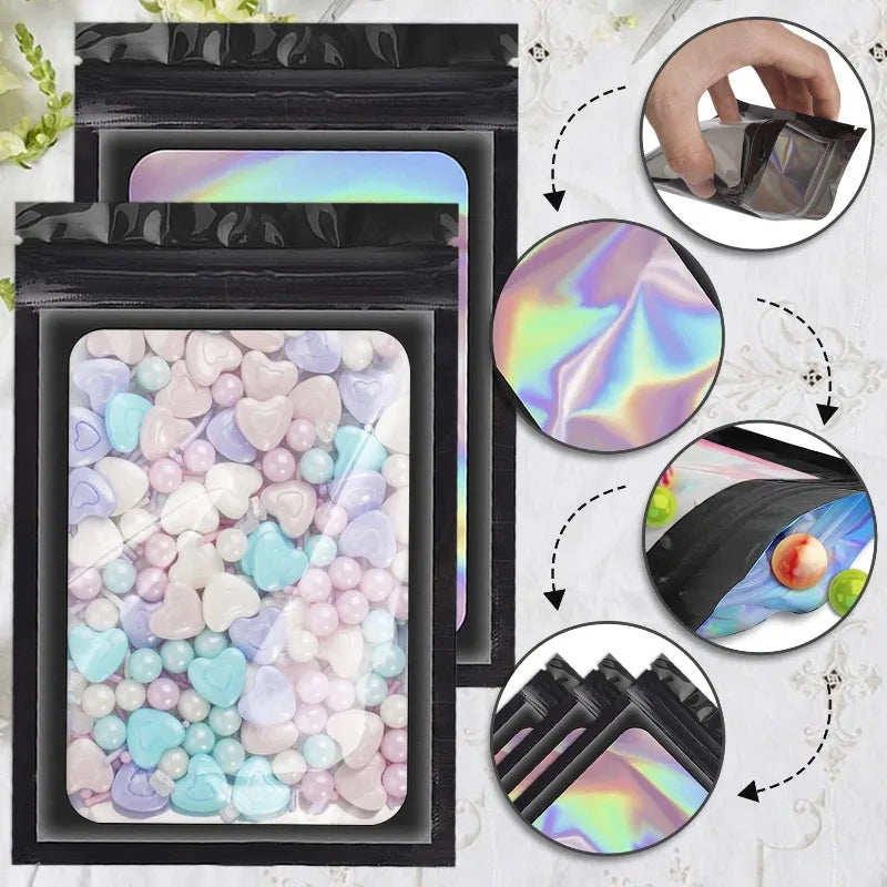 500 Pcs Holographic Ziplock Bags – Laser Iridescent Jewelry Storage