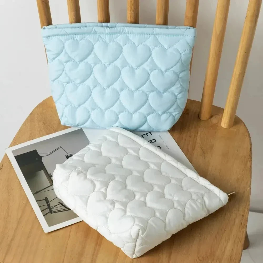 Korean Heart Quilted Cosmetic Bag | Large Capacity Makeup Organizer
