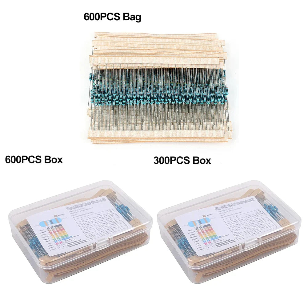 300/600pcs Metal Film Resistor Kit – 30 Values 1% 1/4W 10R–1M