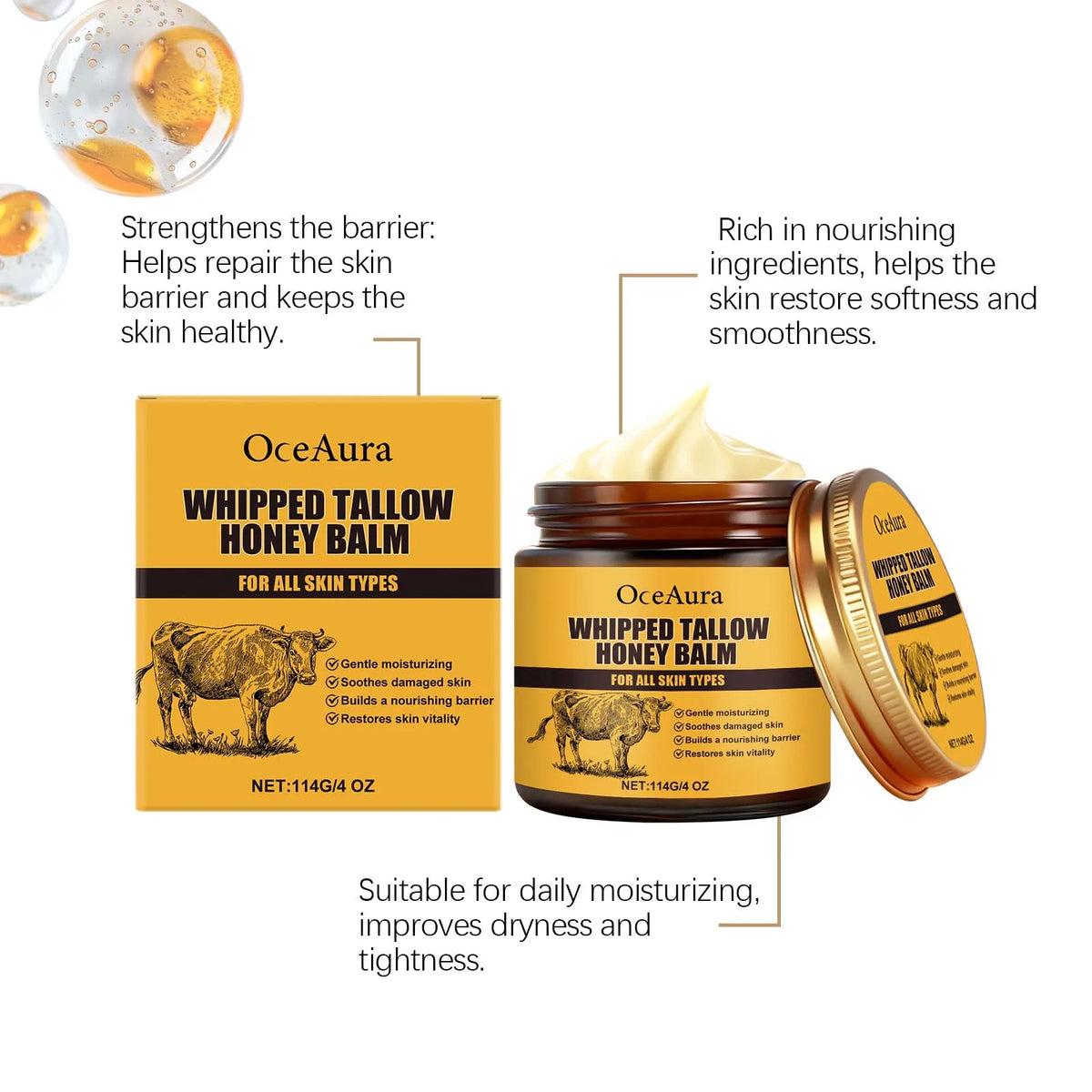 OceAura Beef Tallow & Honey Balm | Deep Hydrating Face Cream