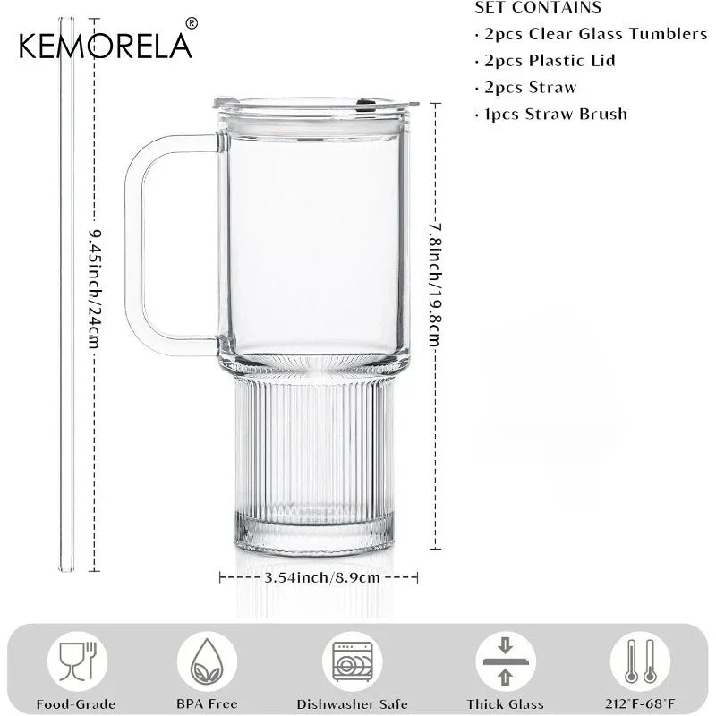KEMORELA 750ml Glass Tumbler with Handle, Lid & Straw
