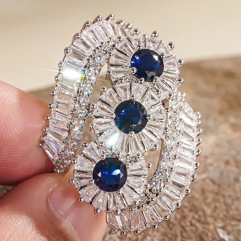 Huitan Blue White Cubic Zirconia Women's Wedding Band Ring