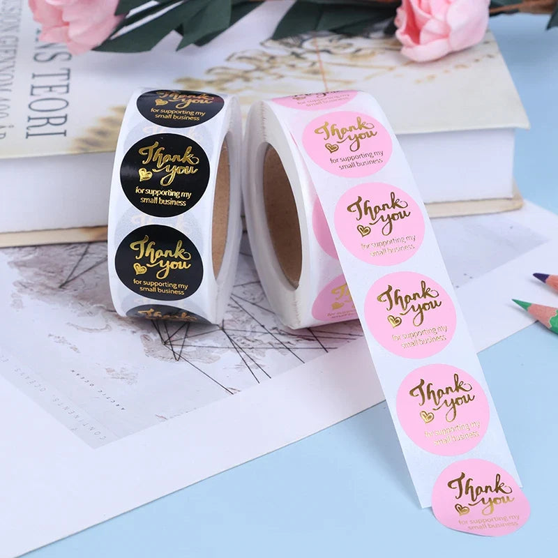 500 Round Thank You Stickers – Hot Stamp Pink & Black Labels