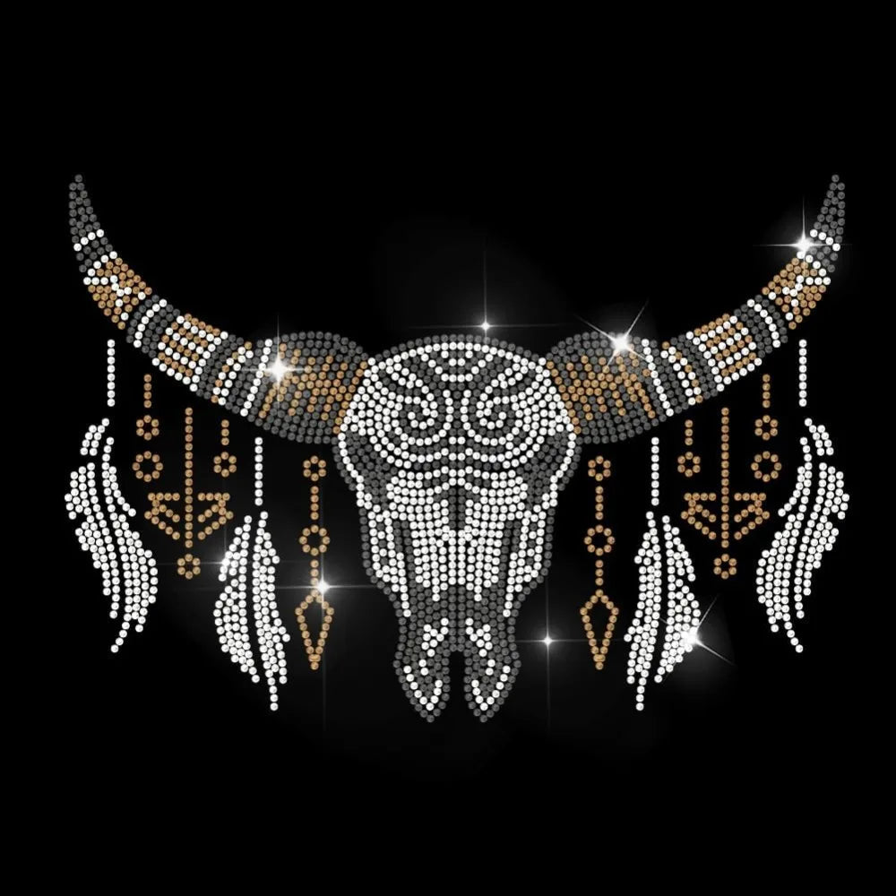 Rhinestone Iron-On Patch – Bohemian Cow Skull Appliqué 29.7x21cm