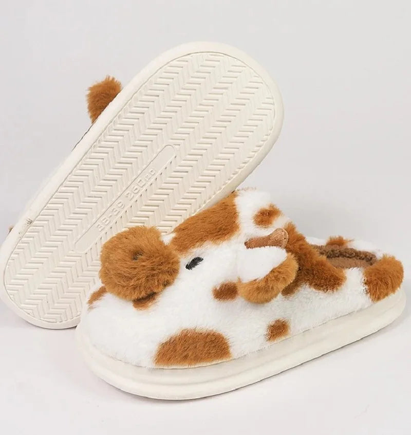 Fluffy Cow Animal Slippers – Unisex Plush Home Shoes