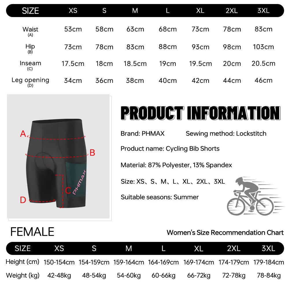 PHMAX Women's 5D Padded Cycling Shorts – Quick Dry Bike Shorts