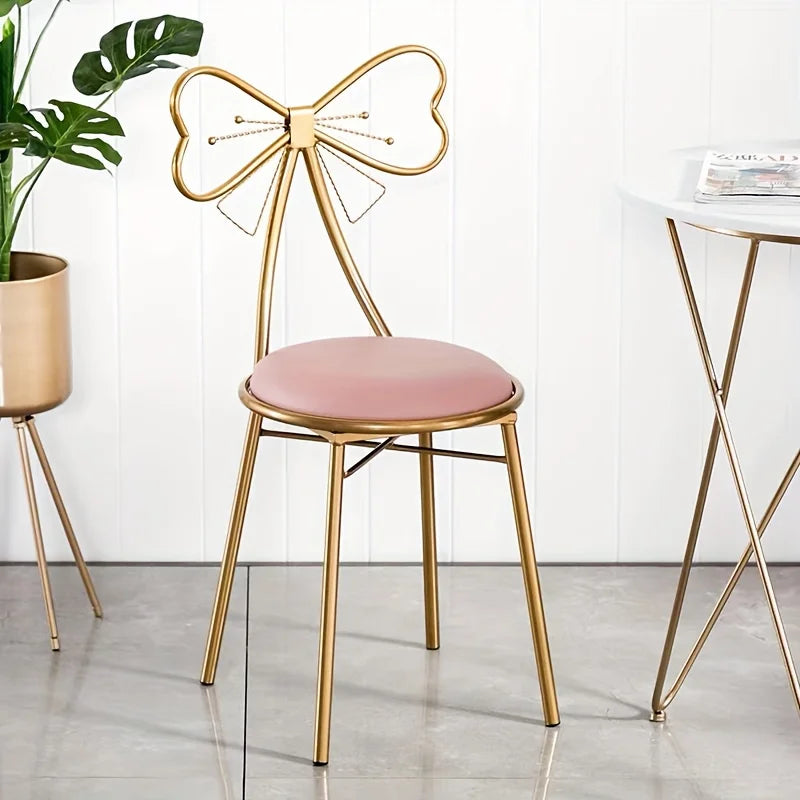 Pink Bow Tie Vanity Makeup Stool – Cushioned Dressing Chair