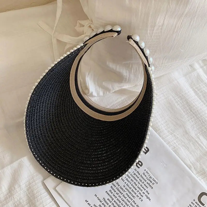 Women's Wide Brim Pearl Straw Sun Hat – Elegant Beach Cap
