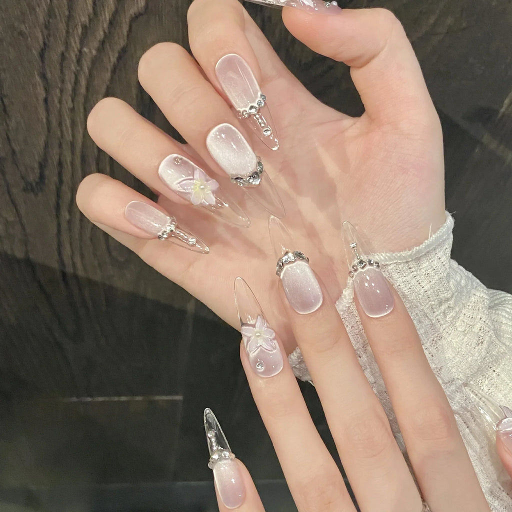 Almond Press-On Nails | Flower & Cat Eye Design – 10pcs