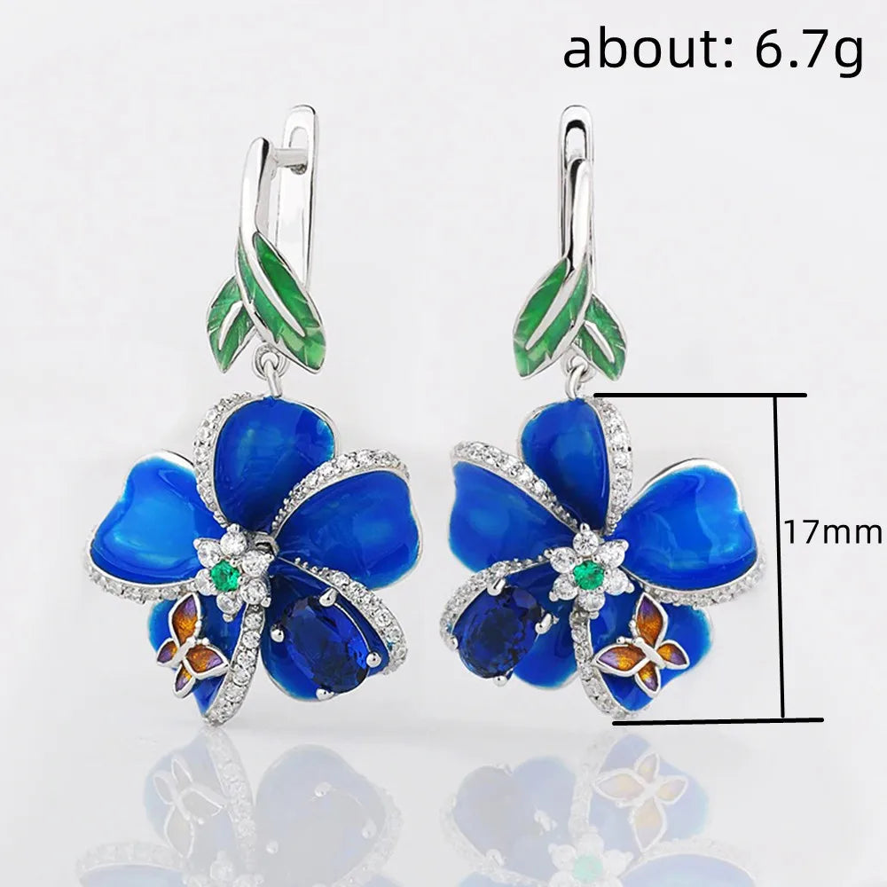 Huitan Blue Flower CZ Drop Earrings – Bridal Wedding Jewelry