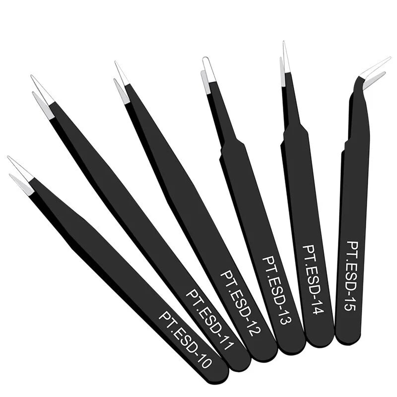 6-Piece Anti-Static Stainless Steel Eyelash Extension Tweezers