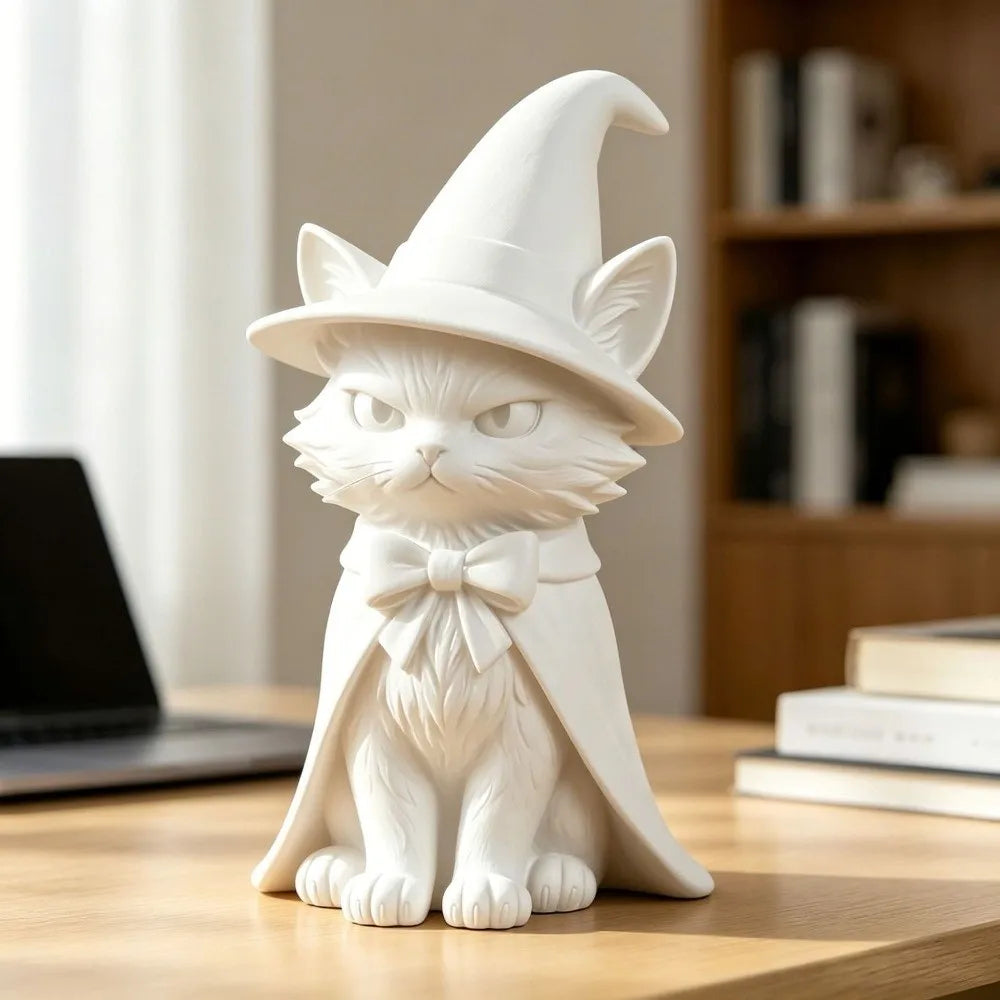 Dark Cat Witch Figurine | 3D Printed Halloween Desktop Sculpture
