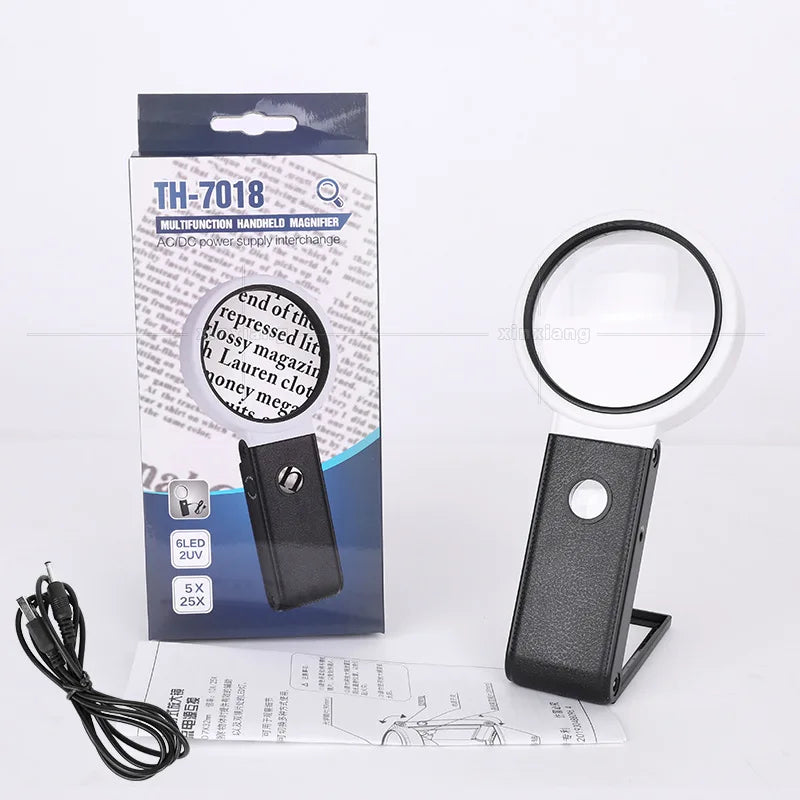 6X 25X Folding Magnifier with 8 LED Lights | Jewelry & Currency