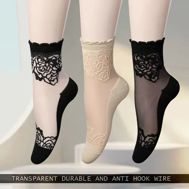 Women's Sheer Lace Ankle Socks – Floral Mesh 3 Pairs