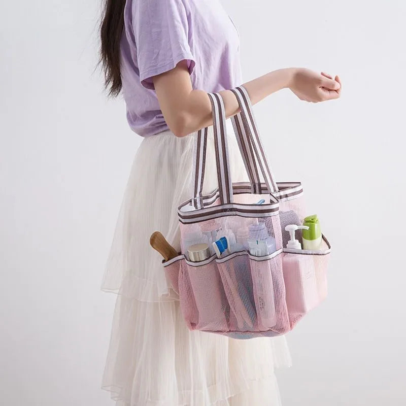 Mesh Shower Caddy Tote – 8 Pockets & Oxford Handles | Black