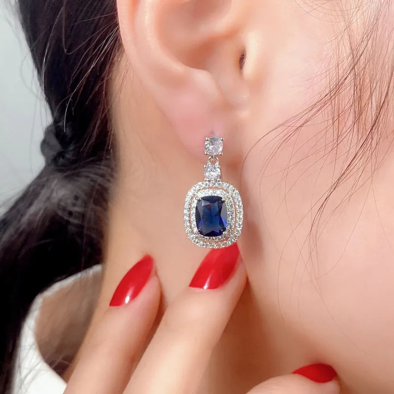 Huitan Blue CZ Drop Earrings – Elegant Dangle Jewelry for Women