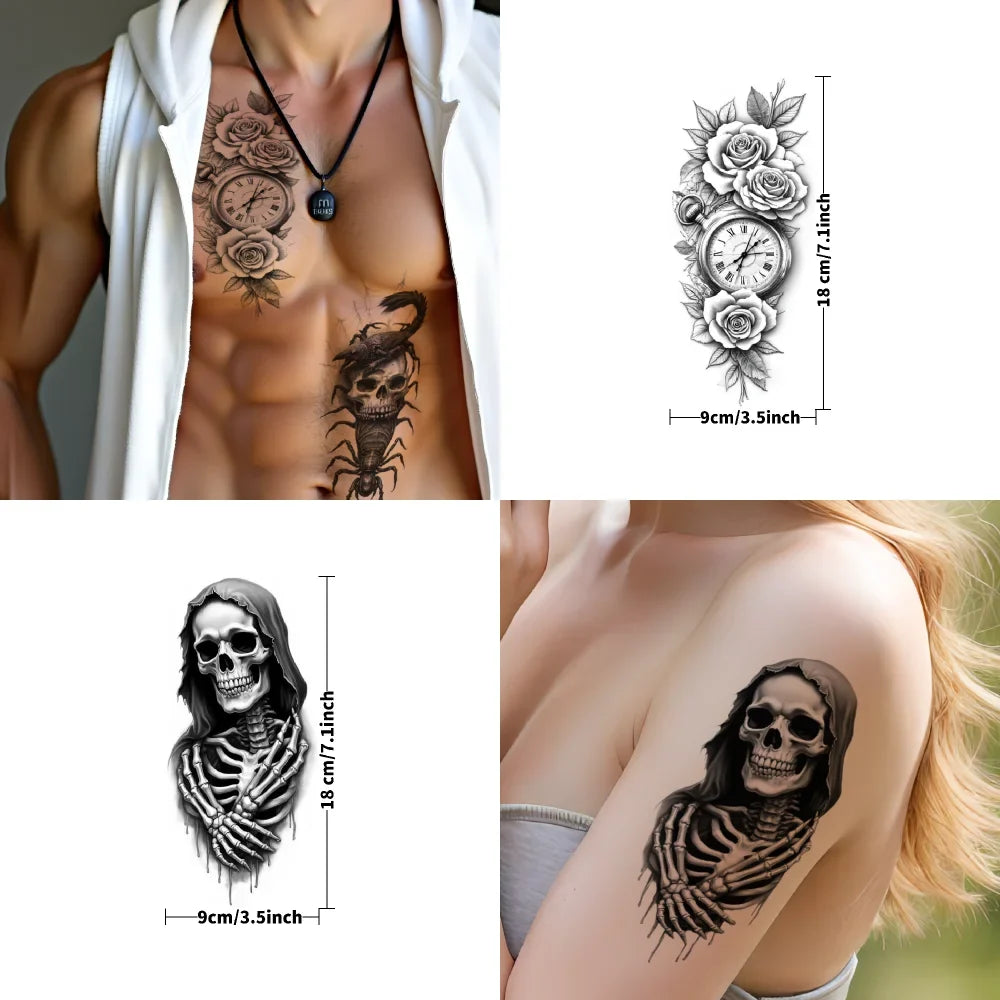 3-Pack Black & Grey Realism Temporary Tattoos – Roses & Skeleton