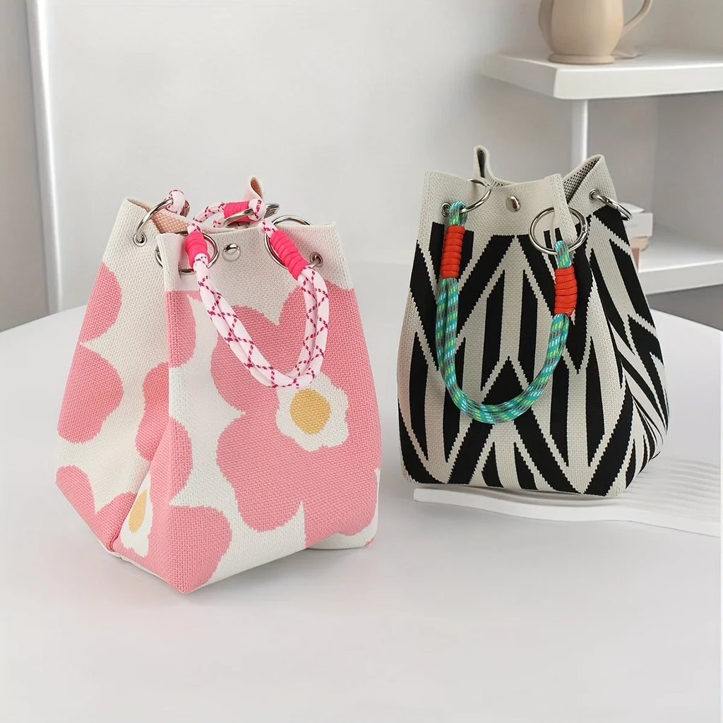 Women's Knit Bucket Handbag – Floral Fabric & Metal Clasp