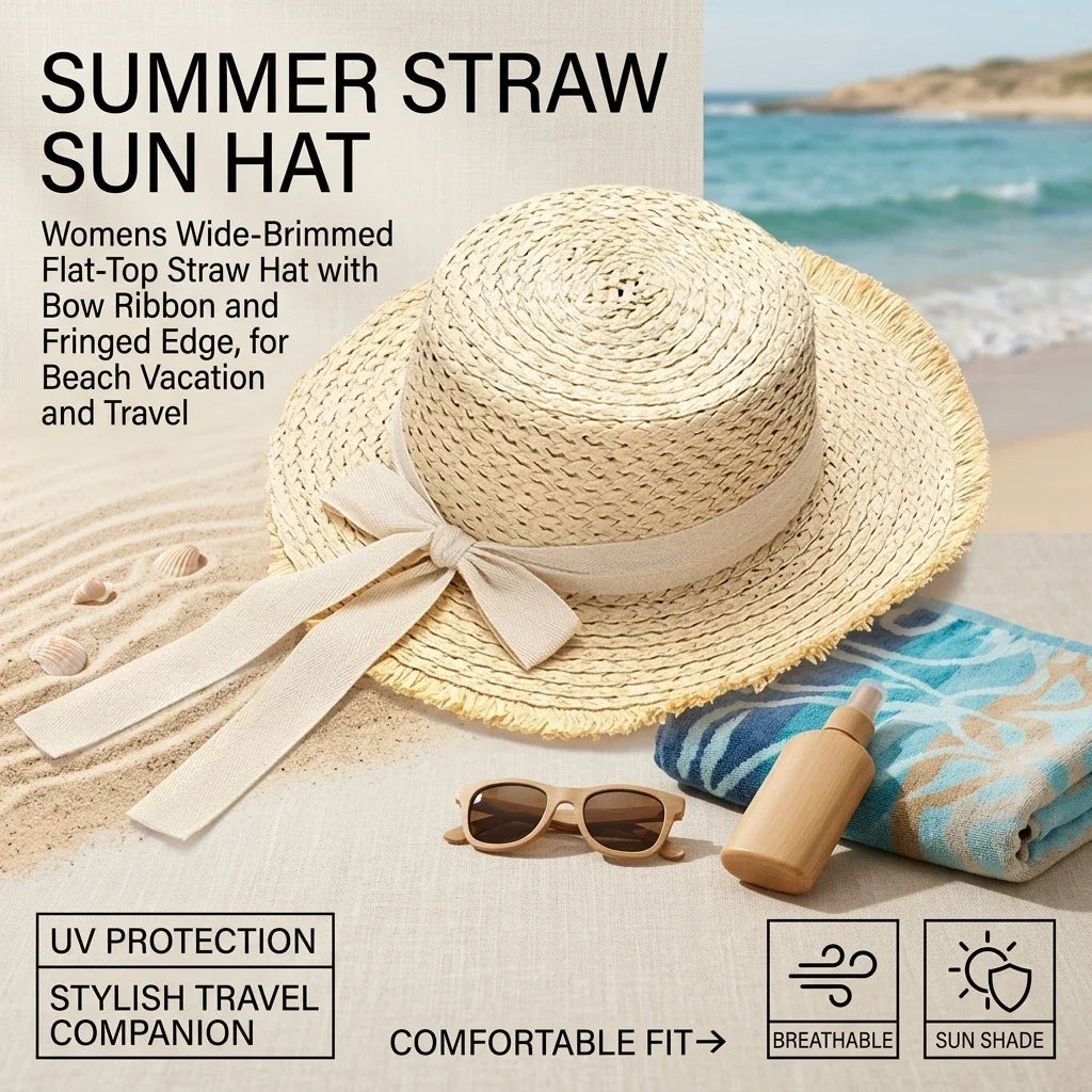 Women's Wide Brim Raffia Straw Sun Hat with Bow | Beach Hat