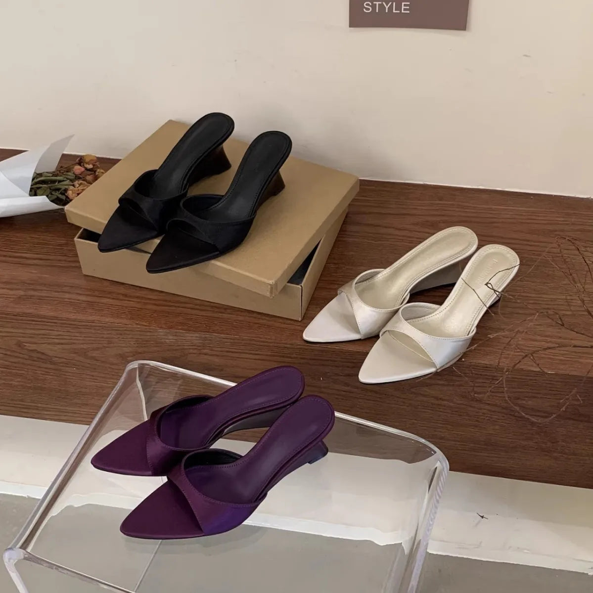 Women's Satin Wedge Slippers – Open Toe Slip-On Dress Slides