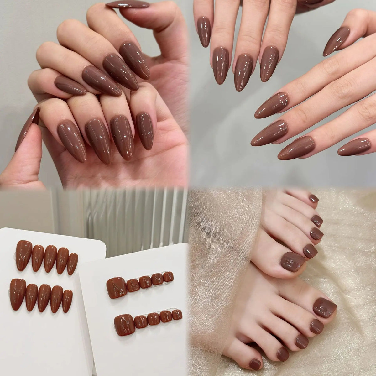Almond Press On Toenails – 10pc Brown Solid Color False Nail Set
