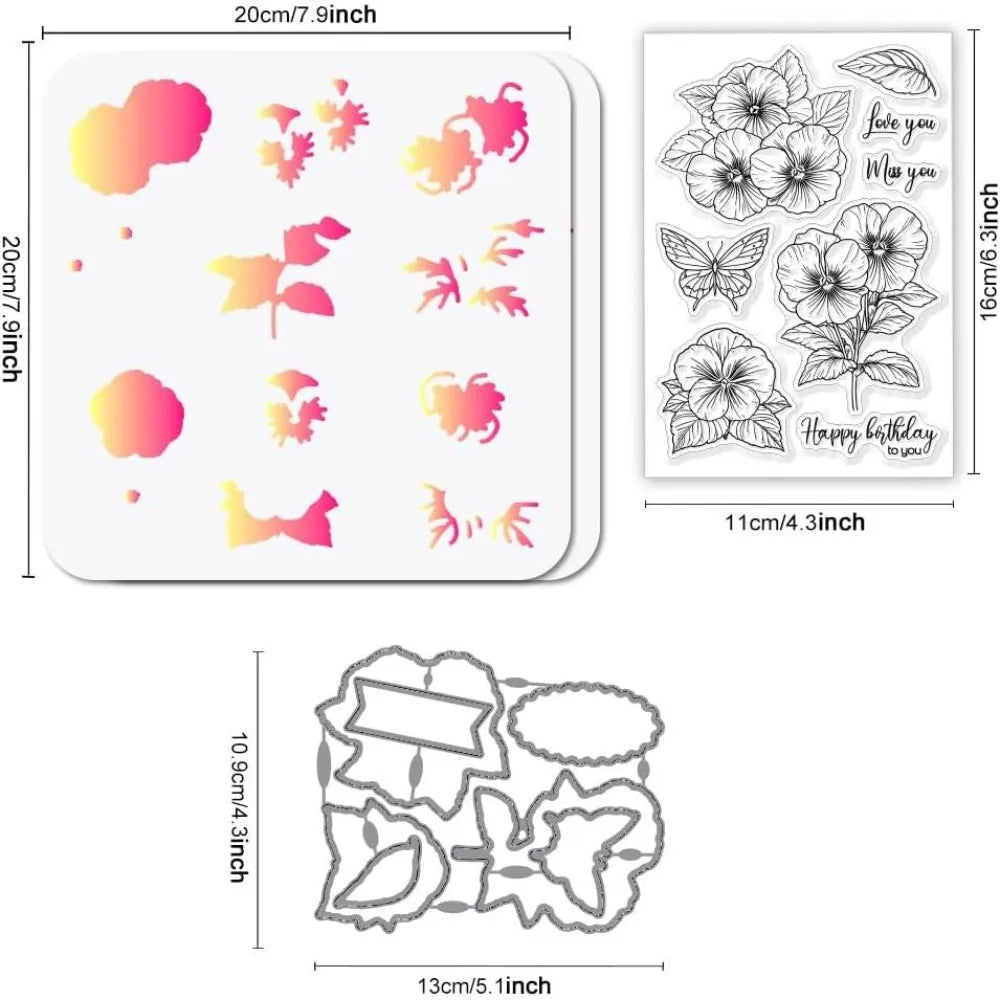 Pansy & Butterfly Clear Stamps, Metal Die Cuts & Stencil Set