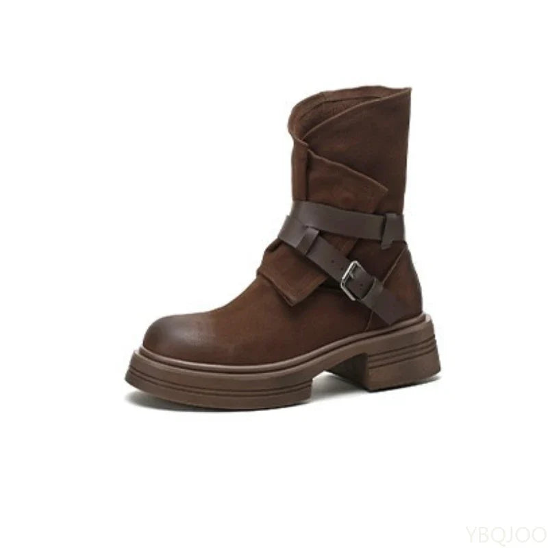 Women's Retro Ankle Boots – Thick Sole Square Heel Buckle Brown